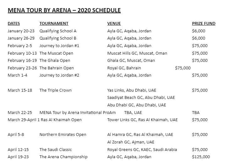 2020 Mena Tour by Arena Schedule